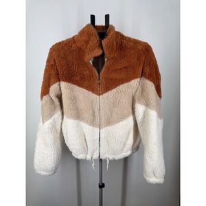 This & More Faux Fur Chevron Colorblock Teddy Jacket Rust Tan‎ Cream L